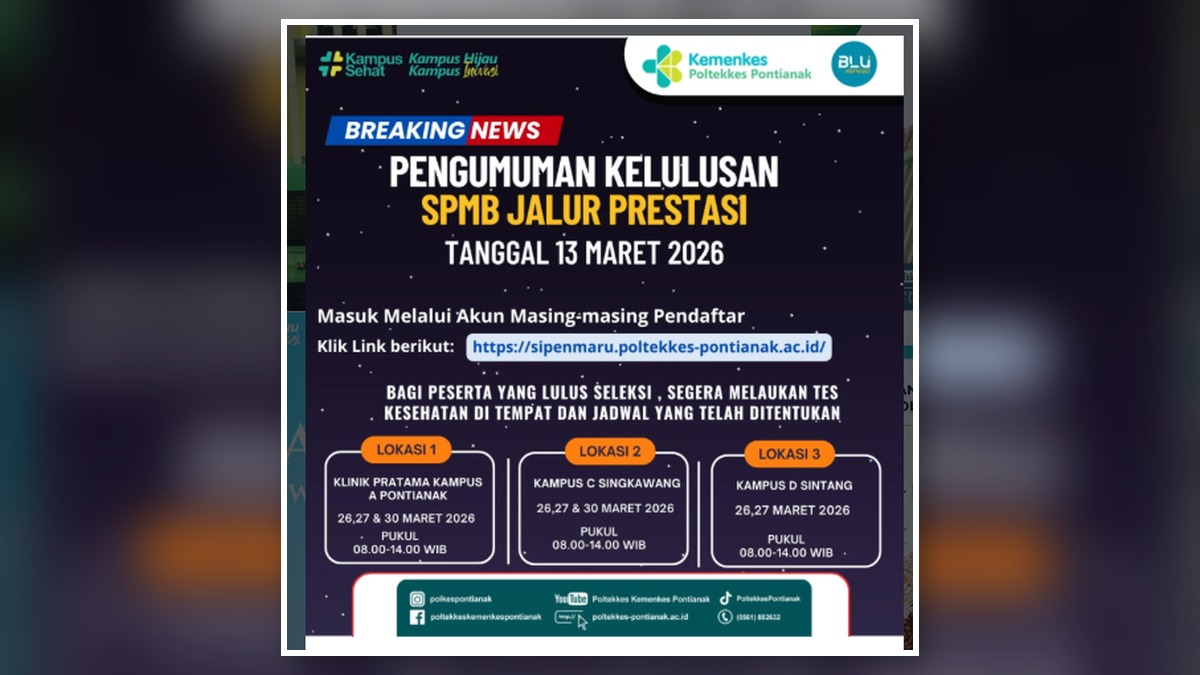 Pengumuman Hasil Seleksi Penerimaan Mahasiswa Baru (SPMB) Poltekkes Kemenkes Pontianak T.A. 2026-2027